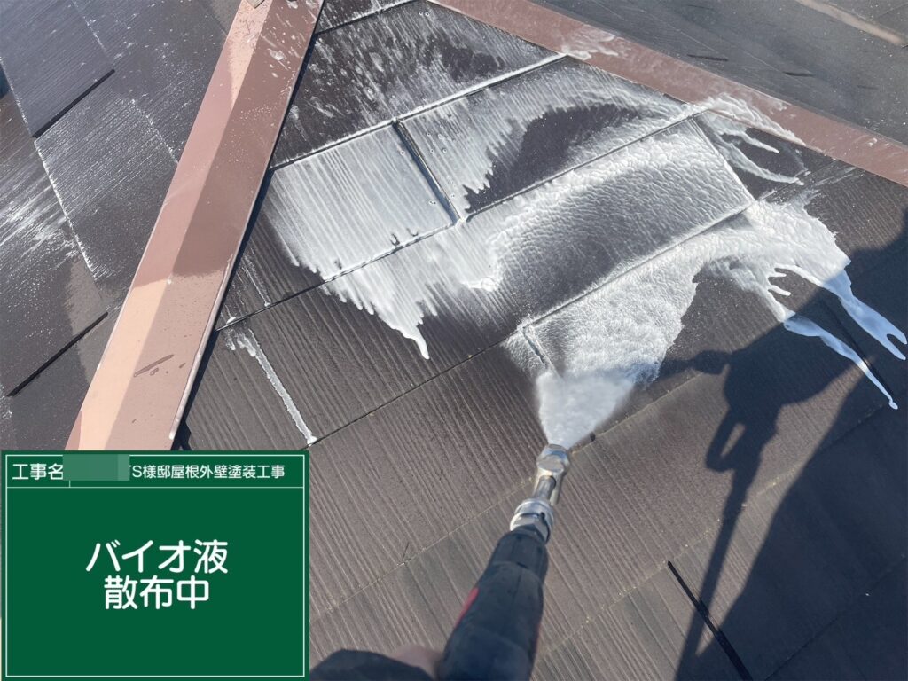 屋根にバイオ液を塗布します。